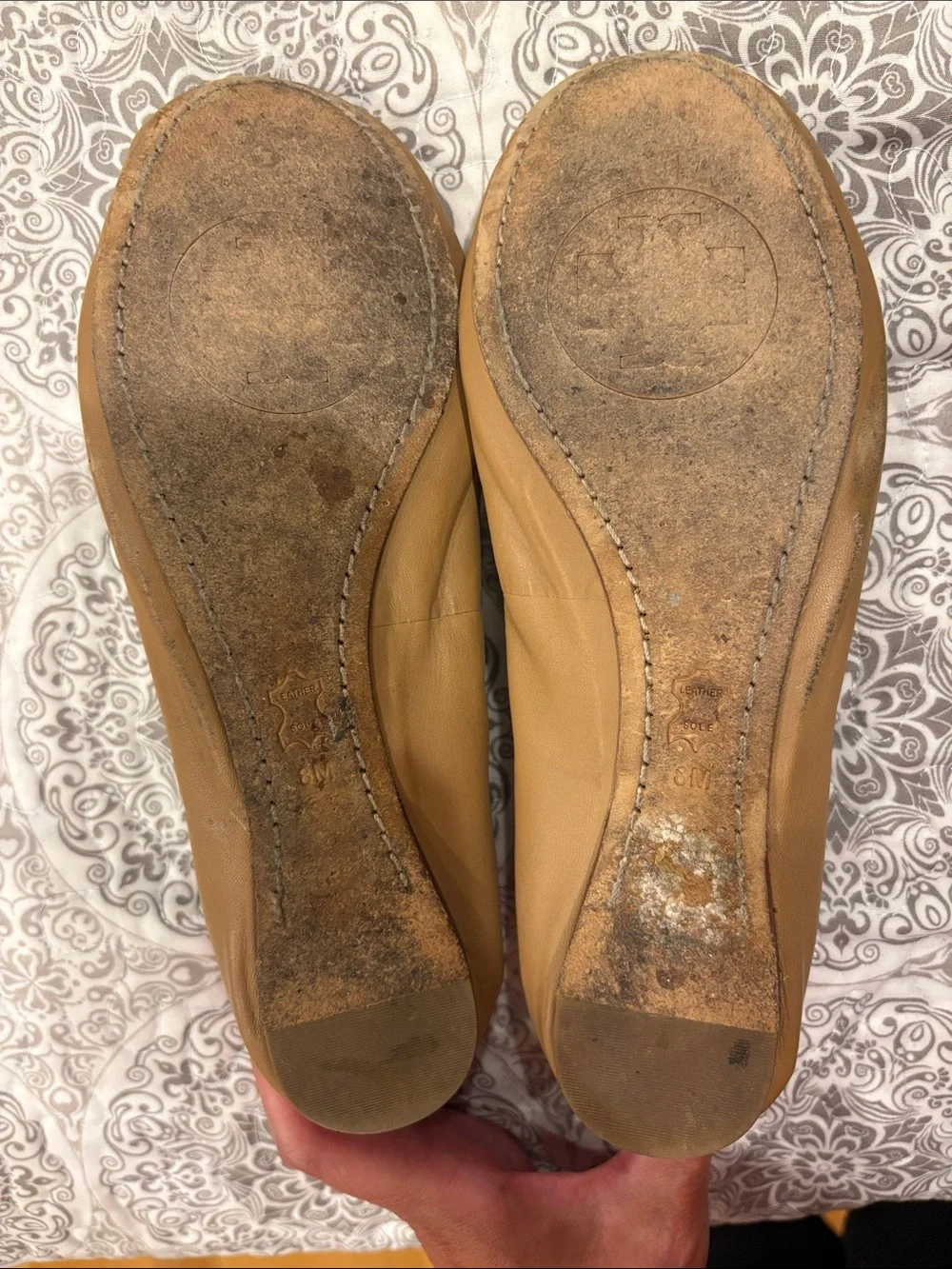 Tory Burch Tan Leather Logo Ballet Flats with Black Trim